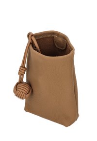 Kleine lichtbruine leren zak met een trekkoordsluiting en een geknoopt leren trekkoord, open aan de bovenkant met een zachte voering aan de binnenkant.