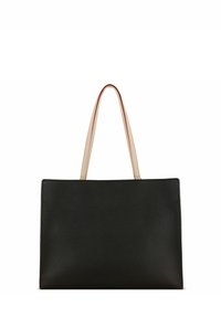 Sac fourre-tout en cuir noir avec texture lisse ; présente de longues poignées beiges avec des accents rouges ; forme rectangulaire avec base plate.