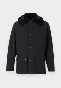 Men’s dark gray jacket with hood, buttoned front, two large flap pockets with snap buttons, and long sleeves.