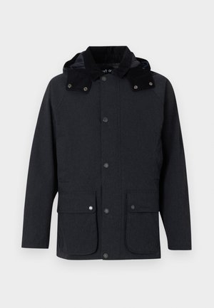 Pánská tmavě šedá bunda s kapucí, zapínání na knoflíky, dva velké klopové kapsy se zapínáním na límce a dlouhé rukávy.