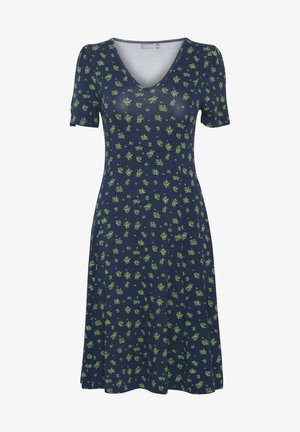 Robe marine à manches courtes, décolleté en V et motif floral vert. Fabriquée en tissu doux, elle présente un design de jupe évasée.