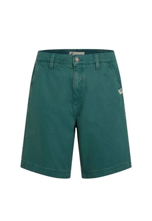Green cotton shorts with a smooth texture, featuring a single front pocket, metal button closure, and stitched hem.
