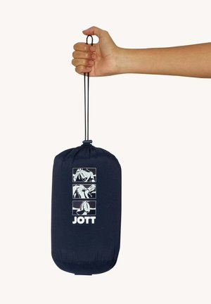Marineblauwe compacte pouch van stof, met een trekkoordsluiting. Gedrukte grafische patronen en logo aan de voorkant.