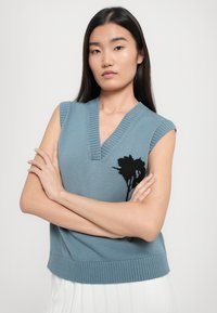 Pull sans manches bleu clair avec un col en V et un ourlet côtelé, présentant un motif floral noir sur le devant. Texture en maille lisse.
