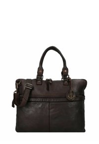 Borsa a tracolla in pelle marrone con manici doppi e una tracolla removibile. Caratterizzata da una chiusura a zip, una tasca frontale e un ciondolo a forma di ancora.