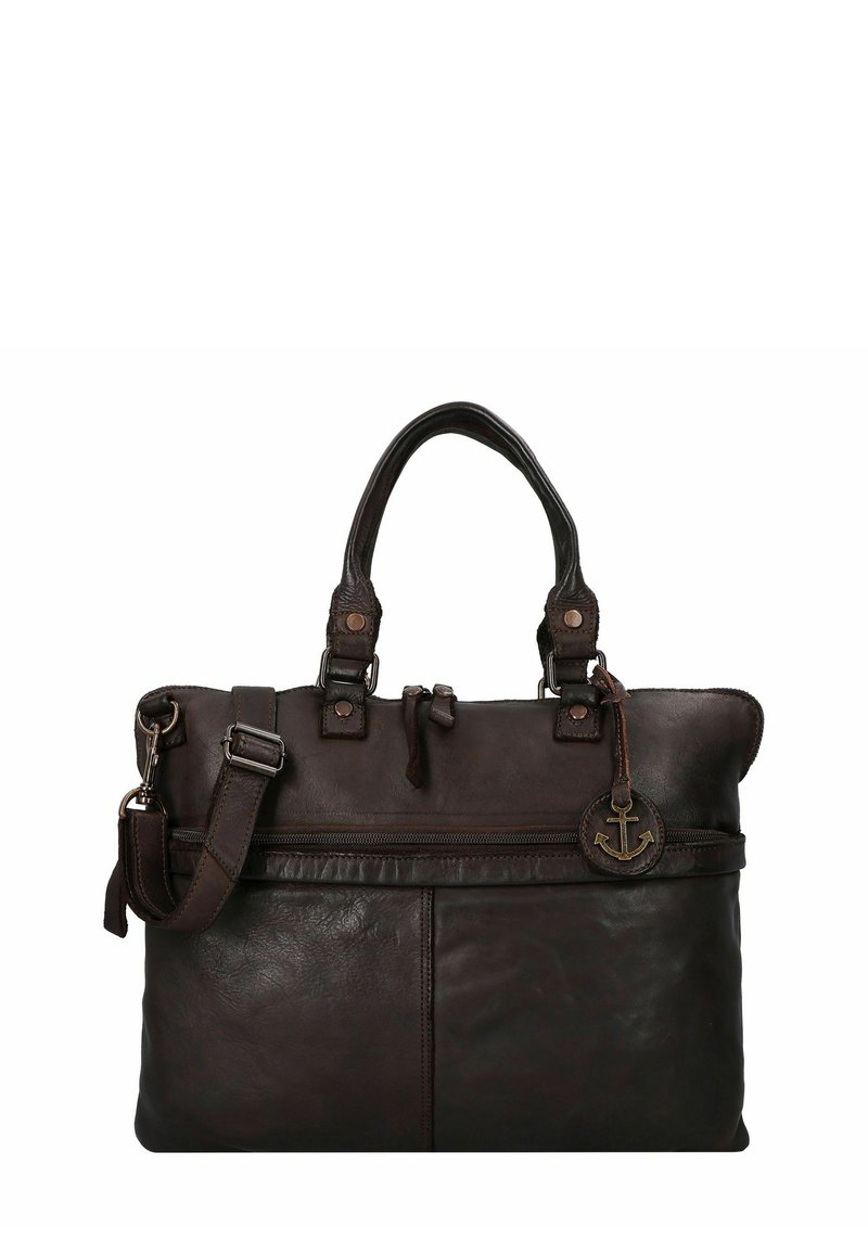 Borsa a tracolla in pelle marrone con manici doppi e una tracolla removibile. Caratterizzata da una chiusura a zip, una tasca frontale e un ciondolo a forma di ancora.