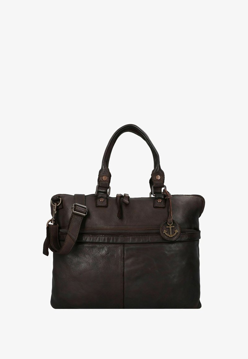 Borsa a tracolla in pelle marrone con manici doppi e una tracolla removibile. Caratterizzata da una chiusura a zip, una tasca frontale e un ciondolo a forma di ancora.