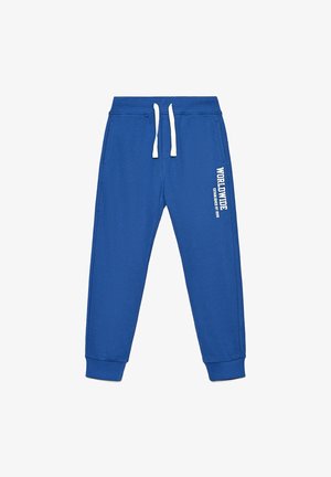 Pantaloni della tuta in cotone blu con coulisse bianca, polsini a costine e la scritta "WORLDWIDE ESTABLISHED BY 1949" stampata in bianco sulla gamba sinistra.
