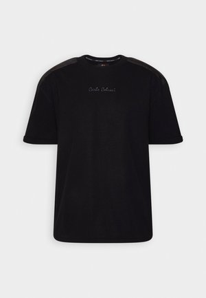 Black short-sleeve t-shirt with a crew neck. Features embroidered logo in a contrasting color on the front and smooth cotton fabric.