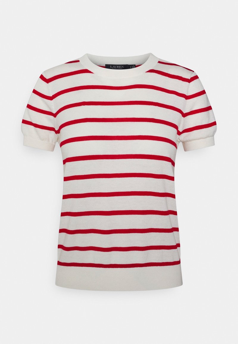 Camiseta de punto de manga corta en crema con rayas rojas horizontales, cuello redondo y puños y dobladillo acanalados. Textura suave, diseño casual.