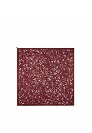 Square maroon fabric with an intricate pattern of light pink leaves, flowers, and swirling shapes evenly distributed.