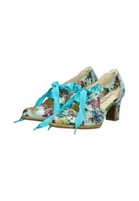 Tacchi alti con motivo floreale in tonalità acquamarina e multicolori, dotati di nastri in satin turchese e un tacco a blocco moderato.