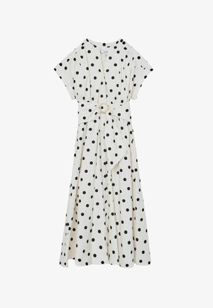 Weißes Midikleid mit schwarzen Polka-Dots, kurzen Ärmeln, V-Ausschnitt und einem passenden Gürtel mit einer runden goldenen Schnalle.