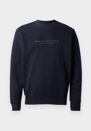 Marineblå sweatshirts lavet af blødt materiale, med rund hals og ribbede ærmer, prydet med præget tekst "ARMANI EXCHANGE MILANO / NEW YORK".