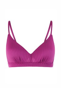 Soutien-gorge violet côtelé avec bretelles fines réglables et bonnets moulés présenté sur un fond blanc.