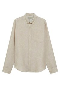Chemise beige clair à manches longues en tissu texturé. Elle présente un col boutonné, une poche avant et des boutons sur le devant.