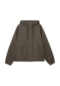 Giacca verde oliva scuro con cappuccio, polsini elasticizzati, due tasche frontali e un taglio dritto. Realizzata in un materiale leggero.