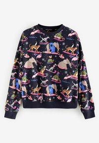 Marinblå sweatshirt med färgglada djurmönster, inklusive elefanter, leoparder och flamingos, med ribbad halsringning och muddar.