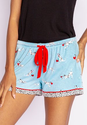 Light blue shorts with Dalmatian patterns, red accents, and a drawstring. Features a black and white spotted hem. Soft, breathable material.