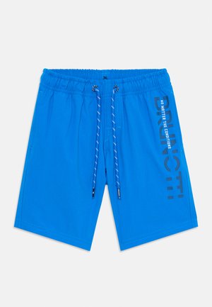 Pantaloni da nuoto blu realizzati in materiale leggero, con vita elastica, cordoncino e testo stampato di lato.