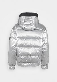 Silver puffjacka med svart huva, elastiska ärmmuddar och nederkant, sedd bakifrån mot en enkel vit bakgrund.