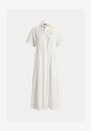 Witte midi-jurk met korte mouwen, knopen aan de voorkant, een kraag, verstelbare taillebanden en een klein geborduurd logo op de borst.
