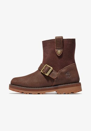 Brauner Leder- und Wildleder-Stiefelette mit Schnallenriemen, Zuglasche, geprägtem Logo auf der Ferse und robuster Gummisohle.