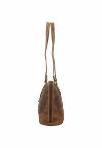 Borsa a mano in pelle marrone con base arrotondata, due lunghe tracolle e chiusura con zip. Texture liscia con leggere pieghe e dettagli di cucitura.