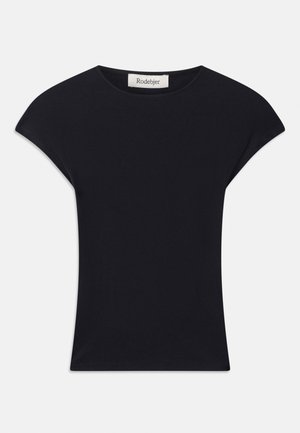 Black short-sleeve top made of soft fabric, featuring a rounded neckline and a fitted shape with subtle shoulder accents. Tag visible.