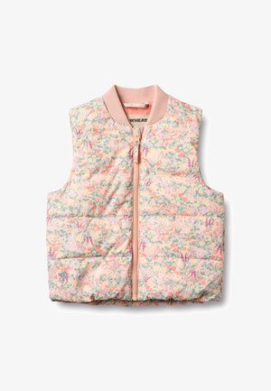 Kamizelka bez rękawów z wypełnieniem, w pastelowy kwiatowy wzór, z różowym zapięciem na zamek i prążkowanym kołnierzem, zaprojektowana dla dzieci.
