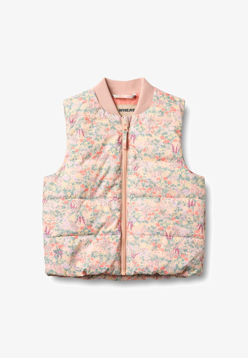 Vestă matlasată fără mâneci, cu imprimeu floral în tonuri pastel, închidere roz cu fermoar și guler reiat, realizată pentru copii.