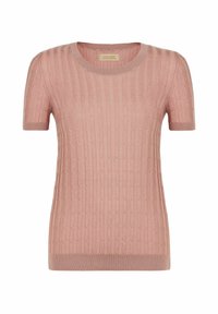 Kortärmad ljusrosa stickad tröja med ribbad textur, rund halsringning och subtilt kabelmönster över hela.