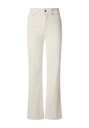 Witte flared jeans van denim. Heeft een hoge taille, vijf zakken en een metalen knoopsluiting. Glad oppervlak zonder zichtbare patronen.