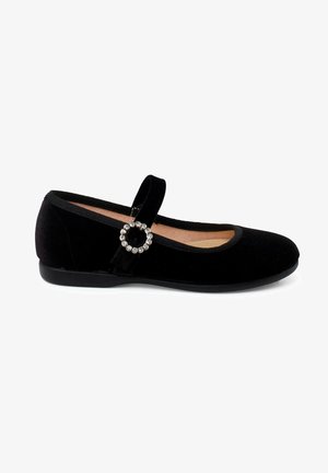 Černé sametové baleríny Mary Jane s kulatou sponou zdobenou rhinestones a elastickým páskem, obsahující plochou černou podrážku a měkkou vnitřní podšívku.