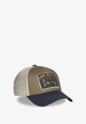 Baseballcap mit olivgrünem Vorderteil, dunkelblauem Schirm und beigen Mesh-Seiten. Mit gesticktem Adlerdesign und "VON DUTCH"-Logo auf dem Patch.