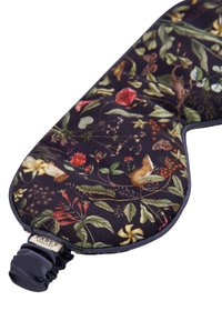 Floral-patterned eye mask with a dark background, made of soft fabric, featuring various plants and small animals, with an elastic strap.