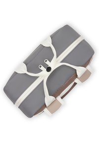 Gray and white rectangular bag featuring a textured brown bottom, elastic straps, and a distinctive button accent on the front.