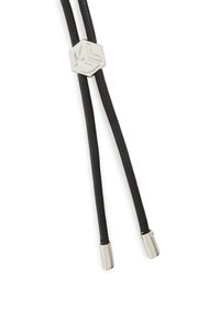 Black leather bolo tie with two round silver tips, featuring a polished hexagonal metal slider with embossed design.