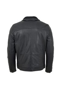 Schwarze Lederjacke mit kragenhaftem Hals, langen Ärmeln und strukturierter Oberfläche. Verfügt über gestickte Akzente und geknöpfte Manschetten.