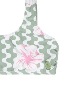 Bikini top halter strihu v svetlozelenej farbe s bielym vlnitým vzorom a ružovým dizajnom ibišteka. Obsahuje malú zelenú značkovú nálepku.
