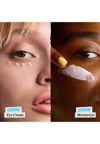 Na lewym zdjęciu widoczny jest nawilżający krem pod oczy o lekkiej konsystencji, nałożony pod okiem modelki; na prawym zdjęciu znajduje się nawilżający krem o kremowej konsystencji, nałożony na ciemniejszą skórę.