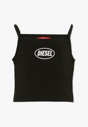 Top corto nero con spalline sottili, con un logo ovale bianco al centro con la scritta "DIESEL".