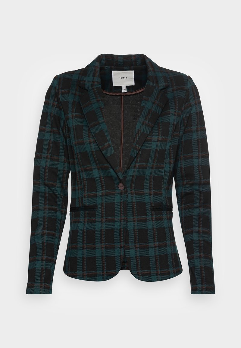 Blazer à carreaux noir et vert foncé avec fermeture à un bouton, revers crantés et deux poches avant.