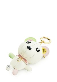 Mjukisdjur-nyckelring med pastellgröna och rosa öron, juvelprydda ögon och näsa, ett rosa halsband med stenar och en guldfärgad fästring.