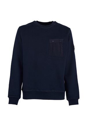 Marineblauwe sweatshirt met lange mouwen, geribde boorden, ronde hals en een borstzak met knopen aan de linkerkant.