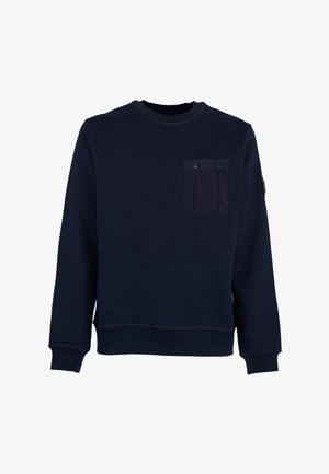 Sweat-shirt bleu marine à manches longues avec poignets côtelés, encolure ronde, et une poche poitrine boutonnée sur le côté gauche.