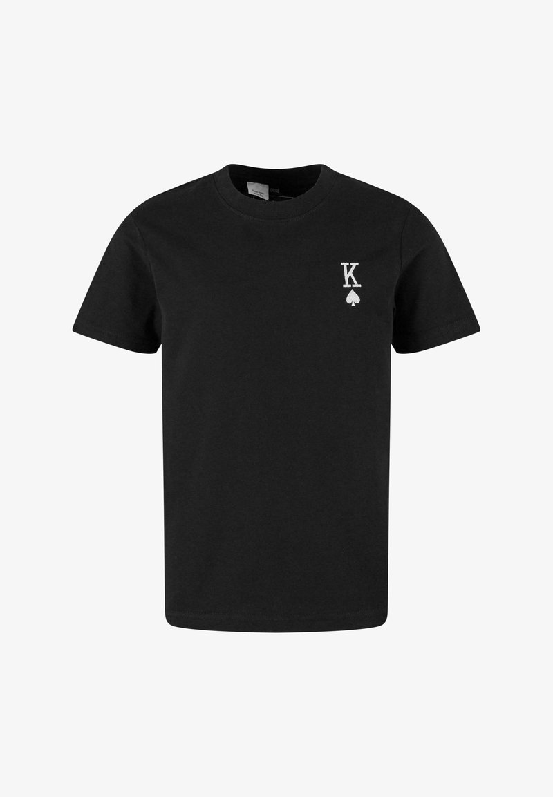 Juodas medvilnės marškinėliai trumpomis rankovėmis, su baltu „K“ logotipu ir širdies ikona kairiajame krūtinės šone. Klasikinio apvalaus kaklo dizainas.