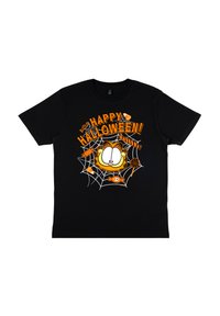 Sort bomulds T-shirt med et stort grafisk tryk af en tegneseriekat, "Happy Halloween!" tekst, orange detaljer og edderkoppespind design.