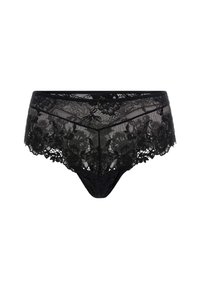 Juodos nėriniuotos liemenėlės, puikuojantis gėlių raštais, pusiau permatomu tinkleliu ir aukštu juosmeniu su bangomis kraštuose.