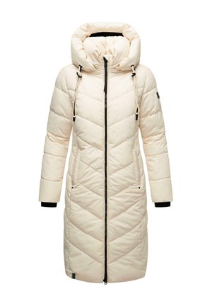 Padded winter coat in cream, featuring a hood, diagonal stitching, black zipper, and cuffs, with two side pockets for added convenience.
